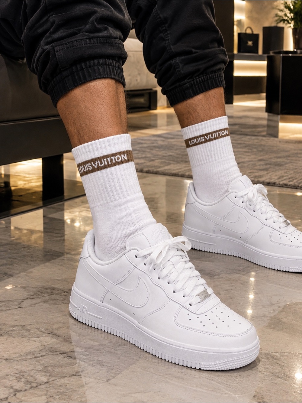 Louis Vuitton White Socks with Brown Logo Band